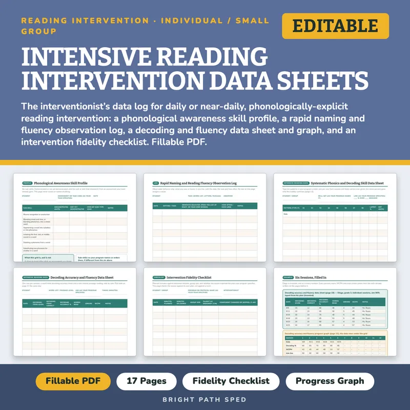 Intensive Reading Intervention Progress Monitoring Data Sheets Editable, image 1 of 4