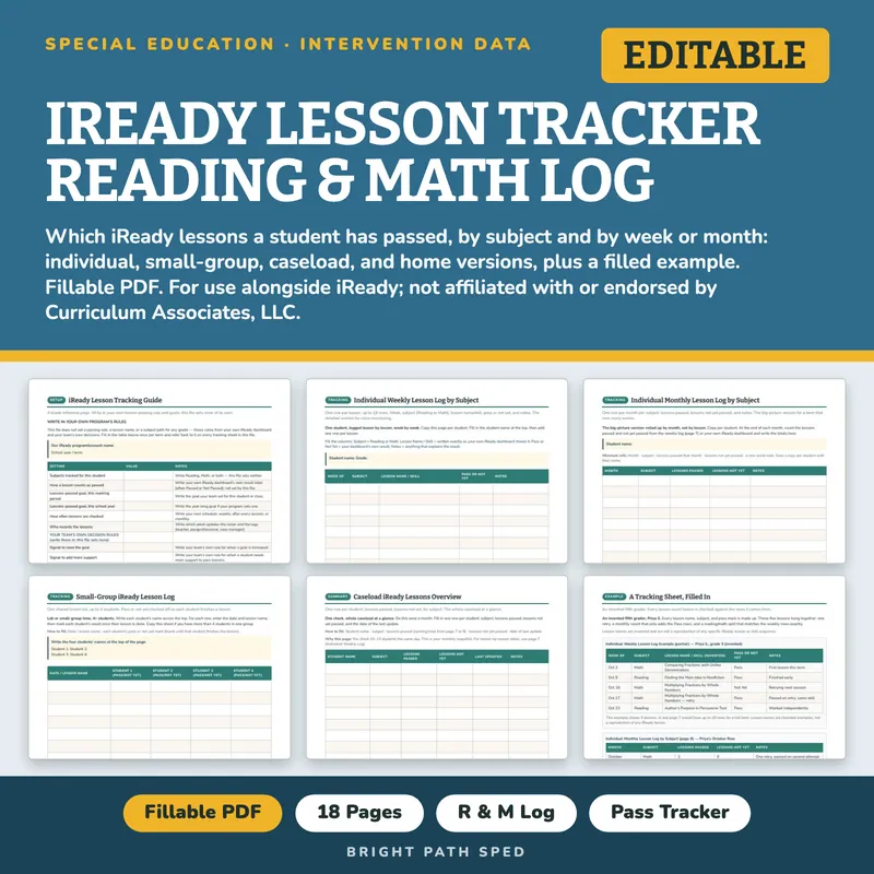 iReady Lesson Tracker Editable, for Use With iReady Lessons, image 1 of 4
