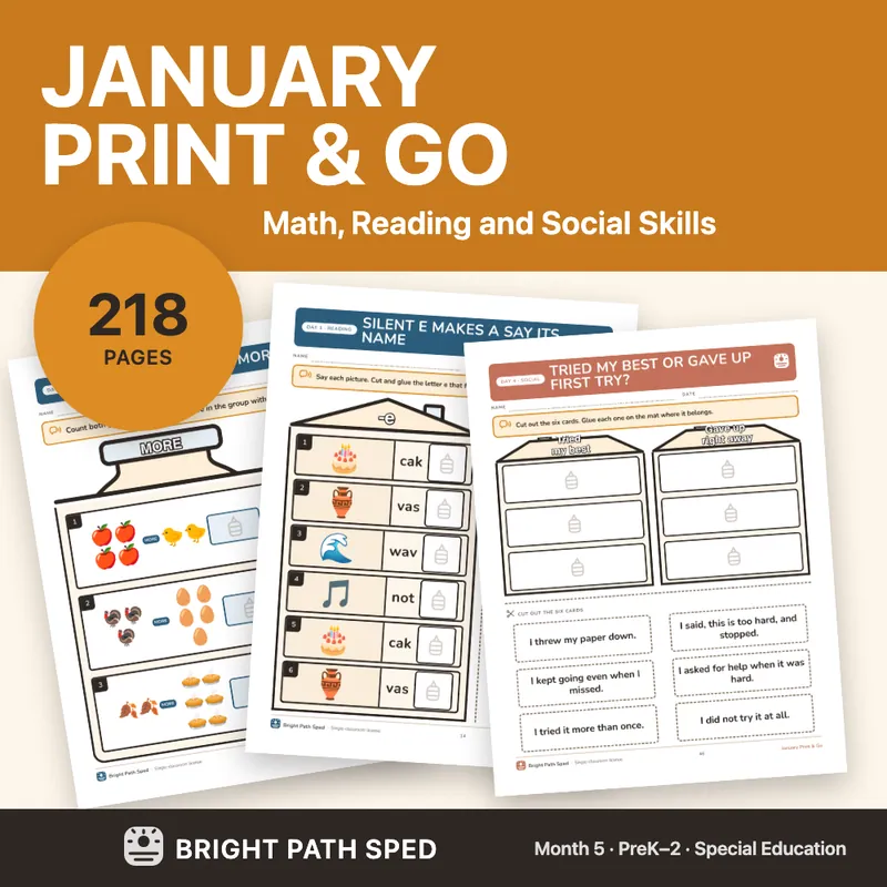 January Print and Go Month 5 SPED Lesson Plans Math Reading Social Skills, image 1 of 4