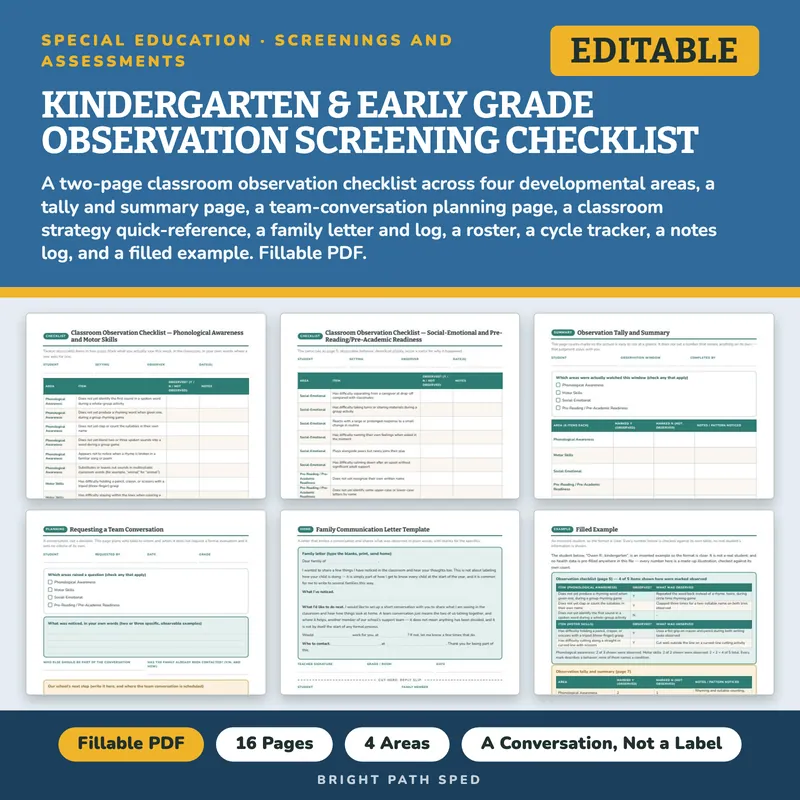 Kindergarten Early Grade Teacher Observation Screening Checklist Editable, image 1 of 4