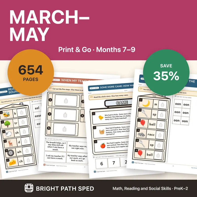 March, April, May Print and Go Bundle SPED Lesson Plans Math Reading Social, image 1 of 3
