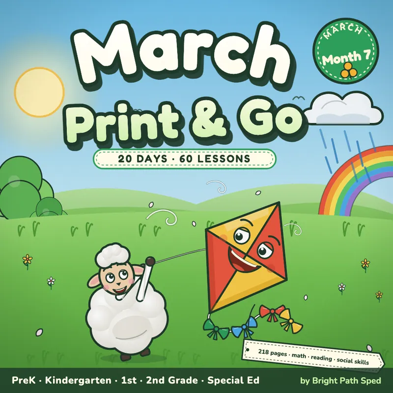 March Print and Go Month 7 SPED Lesson Plans Math Reading Social Skills, image 1 of 4