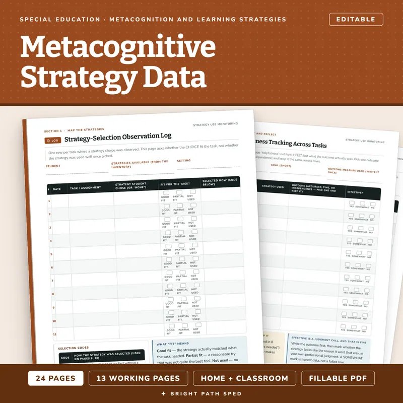 Metacognitive Strategy Use Progress Monitoring Data Sheets Editable, image 1 of 4