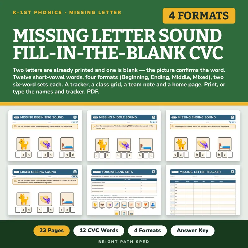 Missing Letter Sound Fill-in-the-Blank CVC Worksheets Kindergarten 1st Grade, image 1 of 4