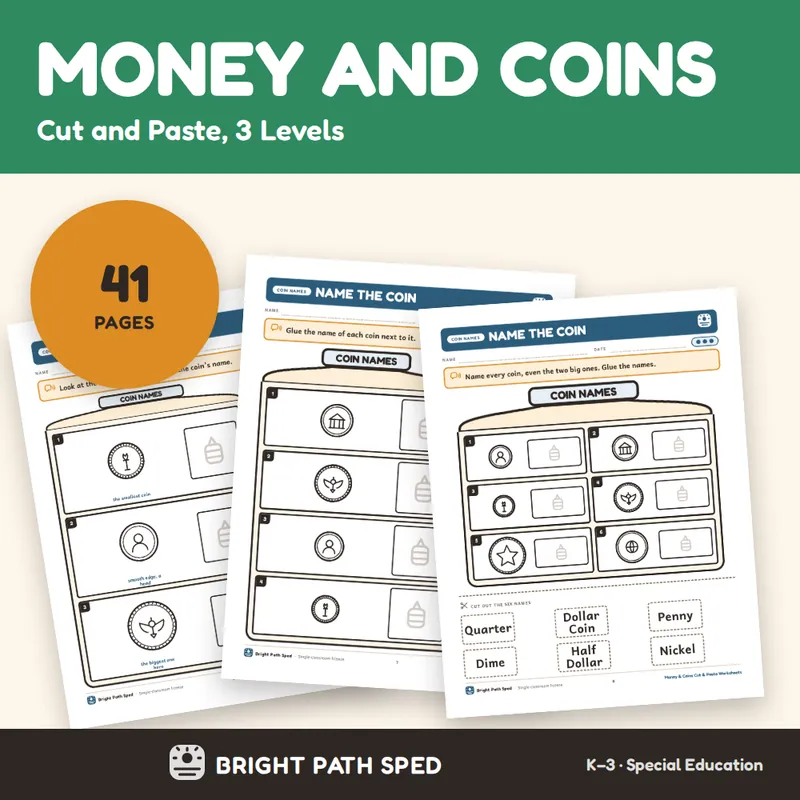 Money Coins Cut and Paste Worksheets 3 Levels Differentiated Special Education, image 1 of 4