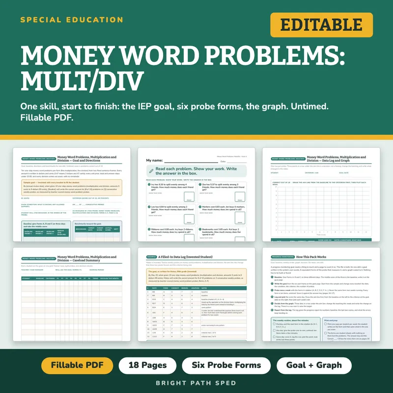 Money Word Problems Multiplication Division Progress Monitoring Probes, image 1 of 4