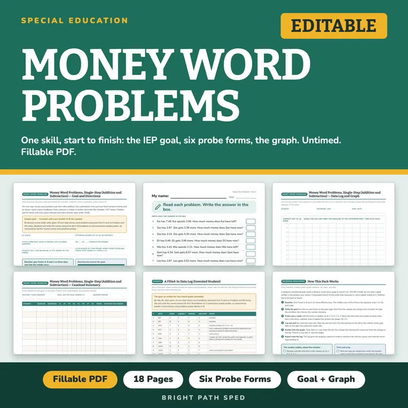 Money Word Problems Single-Step Progress Monitoring Probes, image 1 of 4