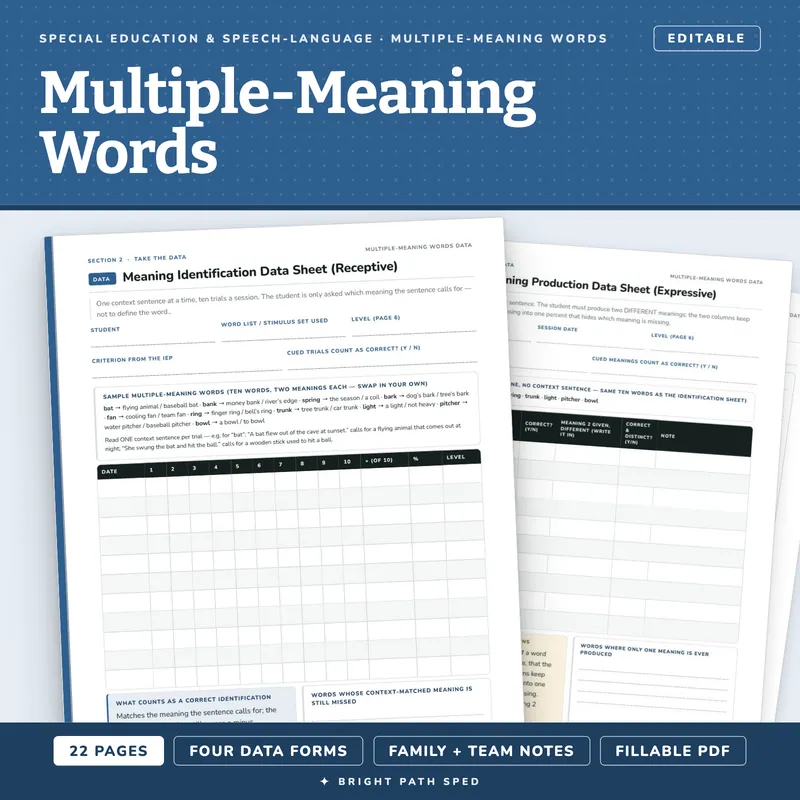 Multiple-Meaning Words Progress Monitoring Data Sheets Editable, image 1 of 4