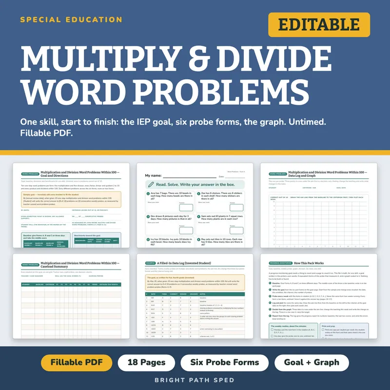 Multiplication Division Word Problems Within 100 Progress Monitoring IEP Probes, image 1 of 4