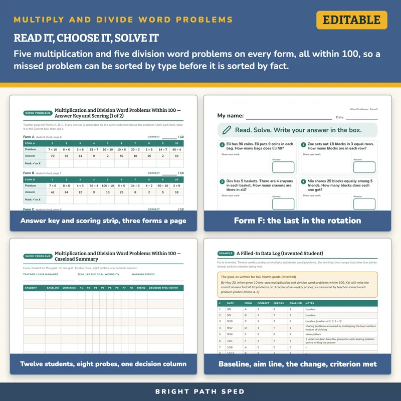 Multiplication Division Word Problems Within 100 Progress Monitoring IEP Probes, image 3 of 4