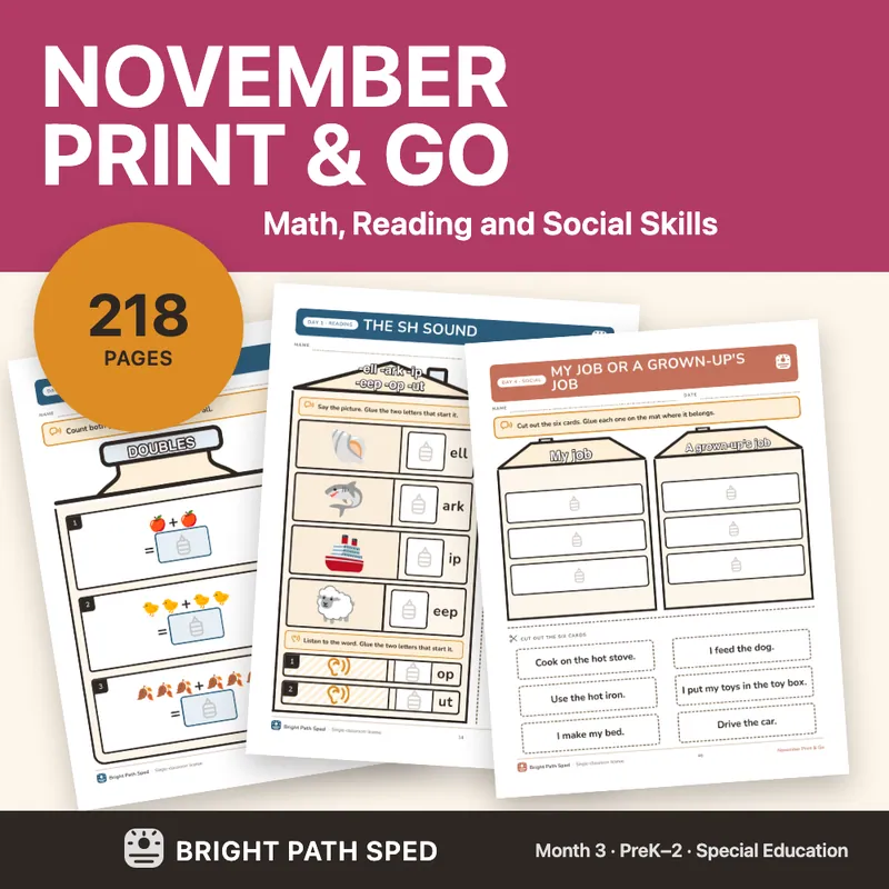November Print and Go Month 3 SPED Lesson Plans Math Reading Social Skills, image 1 of 4