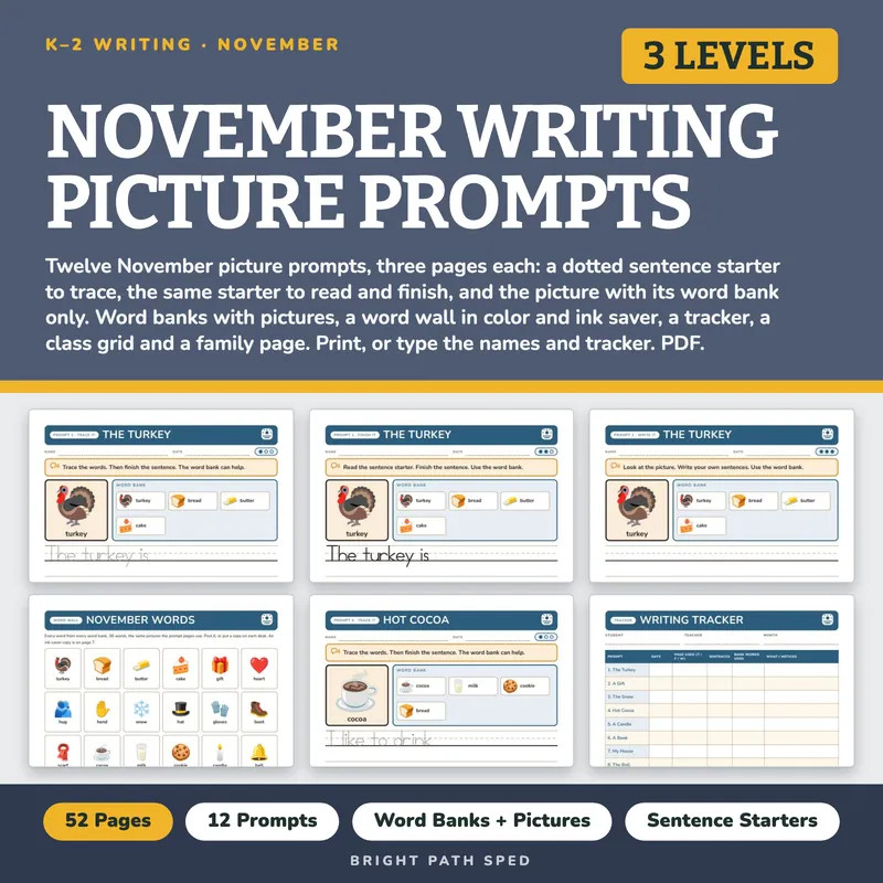 November Writing Picture Prompts with Word Bank and Sentence Starters, image 1 of 4