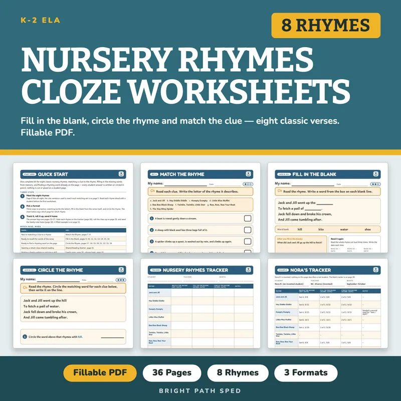 Nursery Rhymes Cloze Worksheets K-2, image 1 of 4