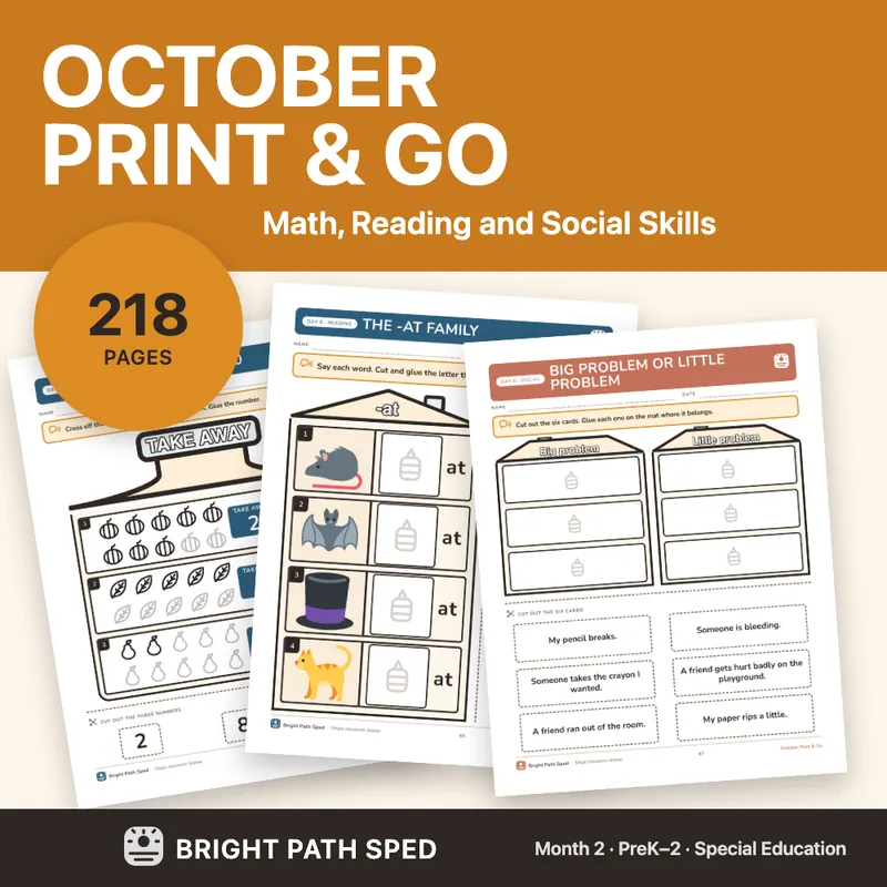 October Print and Go Month 2 SPED Lesson Plans Math Reading Social Skills, image 1 of 4