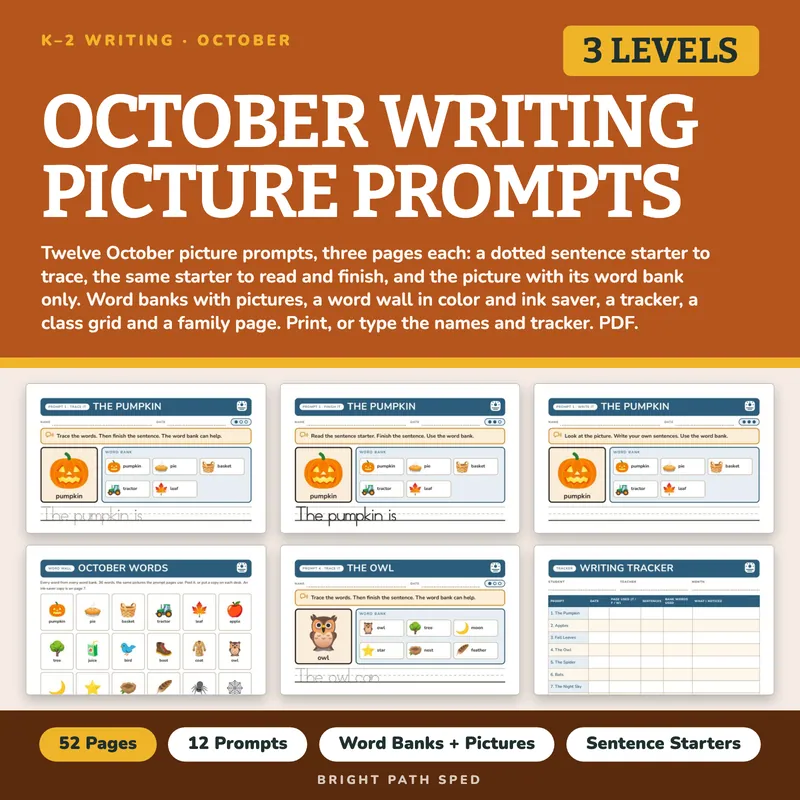 October Writing Picture Prompts with Word Bank and Sentence Starters, image 1 of 4