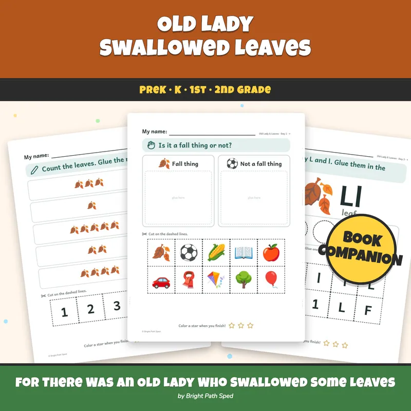 Old Lady Who Swallowed Leaves Book Companion October PreK K 1st 2nd Special Ed, image 1 of 4