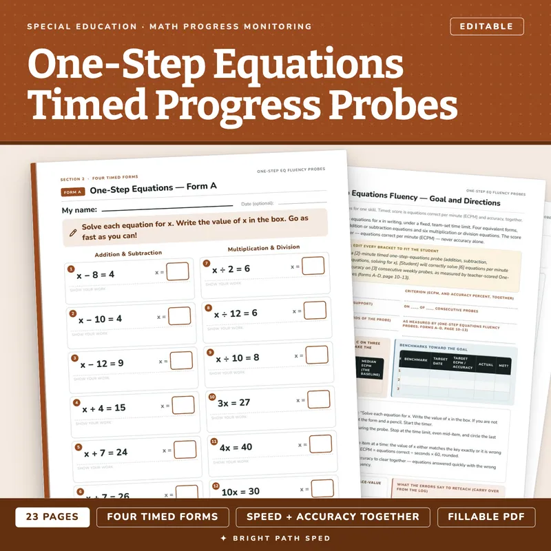 One-Step Equations Fluency, Timed Progress Monitoring Probes, image 1 of 4