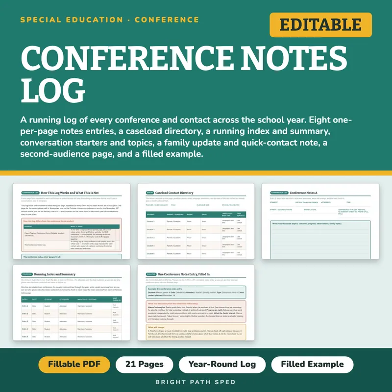 Parent Teacher Conference Notes Log Editable, image 1 of 4