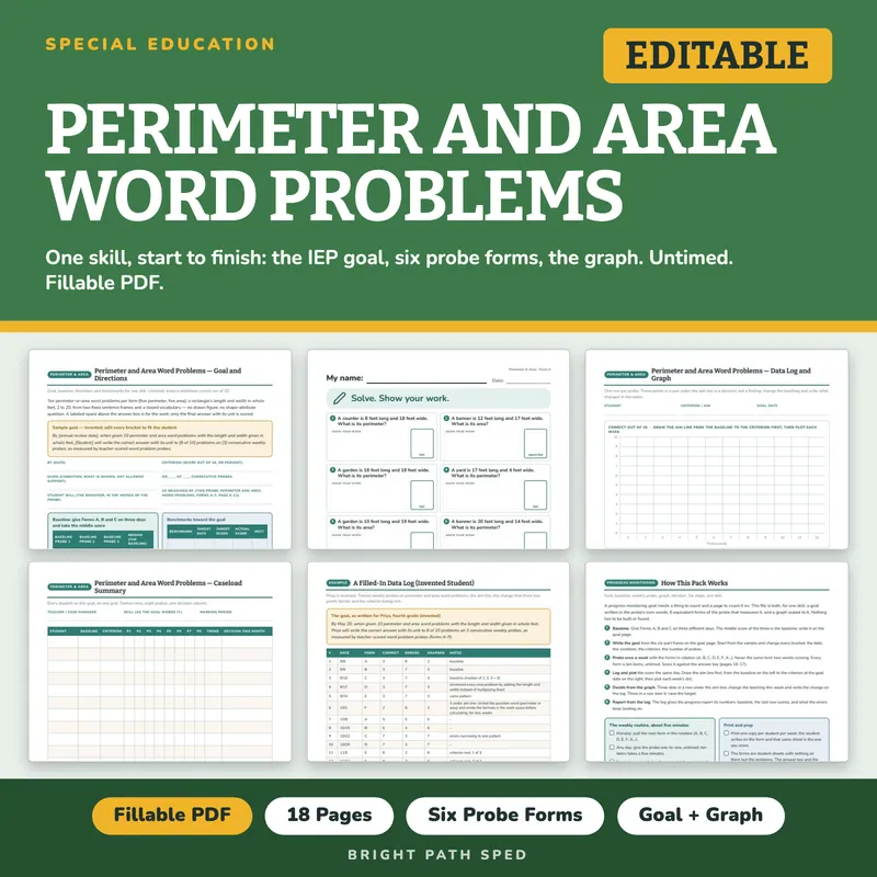 Perimeter and Area Word Problems Progress Monitoring Probes, image 1 of 4