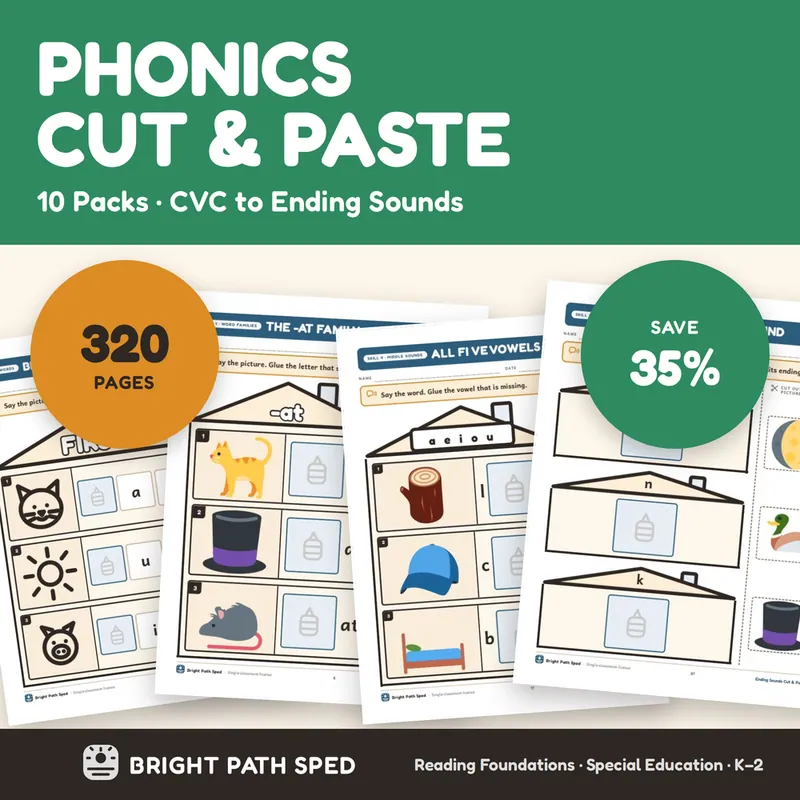 Phonics Cut and Paste Bundle 10 Packs CVC Blends Digraphs Silent E Vowel Teams, image 1 of 3