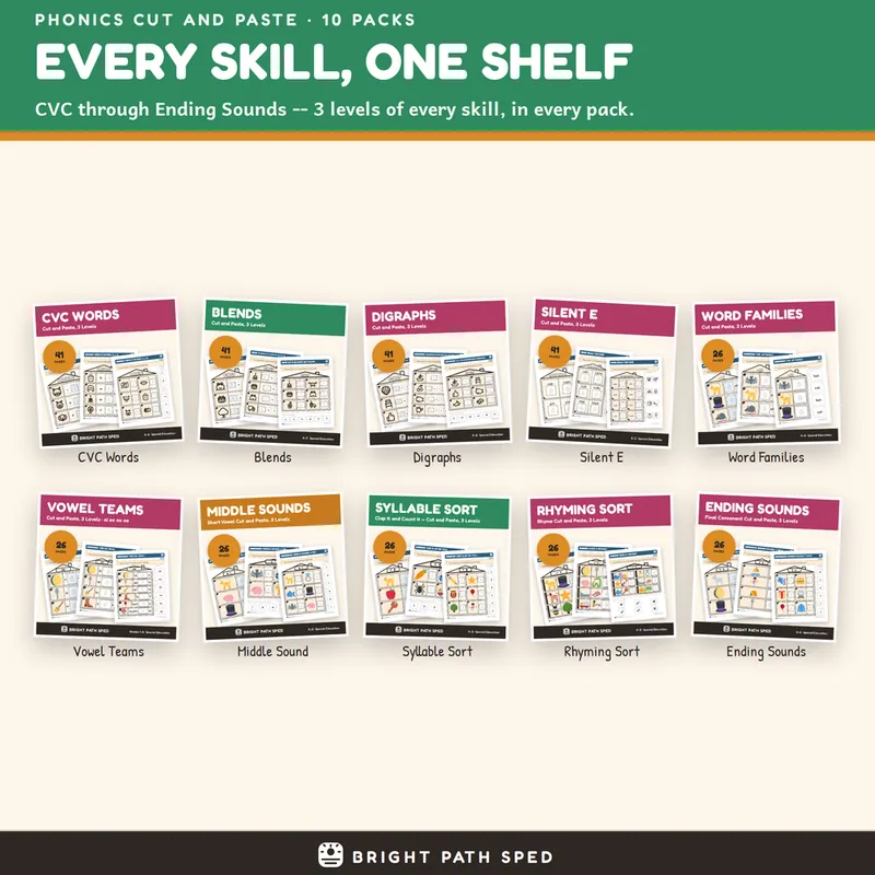 Phonics Cut and Paste Bundle 10 Packs CVC Blends Digraphs Silent E Vowel Teams, image 2 of 3