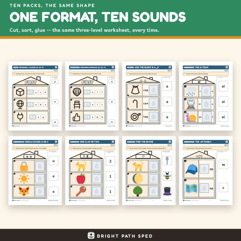 Phonics Cut and Paste Bundle 10 Packs CVC Blends Digraphs Silent E Vowel Teams, image 3 of 3