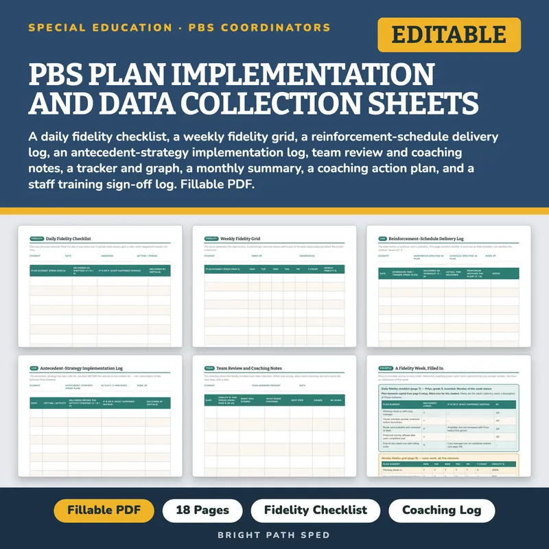 Positive Behavior Support (PBS) Plan Fidelity and Data Sheets Editable, image 1 of 4