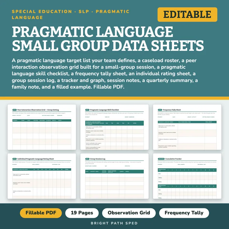 Pragmatic Language Small Group Progress Tracking Data Sheets Editable, image 1 of 4