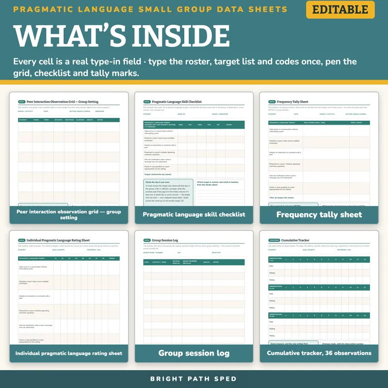 Pragmatic Language Small Group Progress Tracking Data Sheets Editable, image 2 of 4