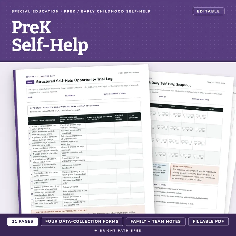 PreK Self-Help and Adaptive Skills Progress Monitoring Data Sheets Editable, image 1 of 4