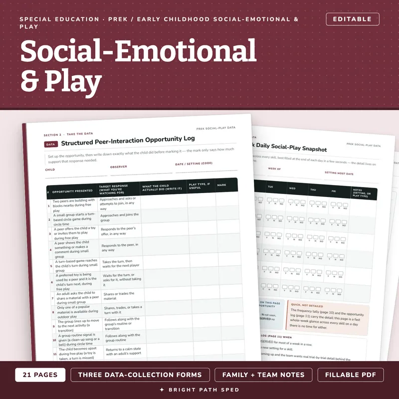 PreK Social-Emotional and Play-Based Learning Data Sheets Editable, image 1 of 4