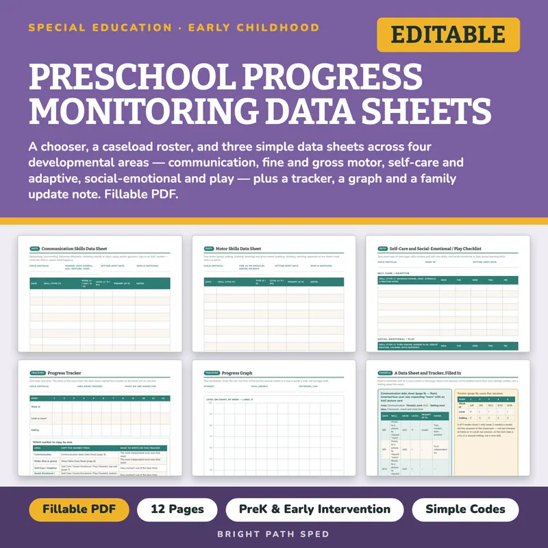 Preschool Progress Monitoring Data Sheets Editable, image 1 of 4