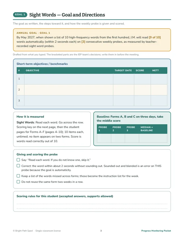 Sample packet page: A page for each goal