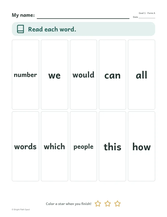 Sample packet page: Pages the child works on