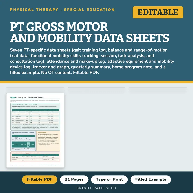 PT Gross Motor and Mobility Progress Monitoring Data Sheets, image 1 of 4