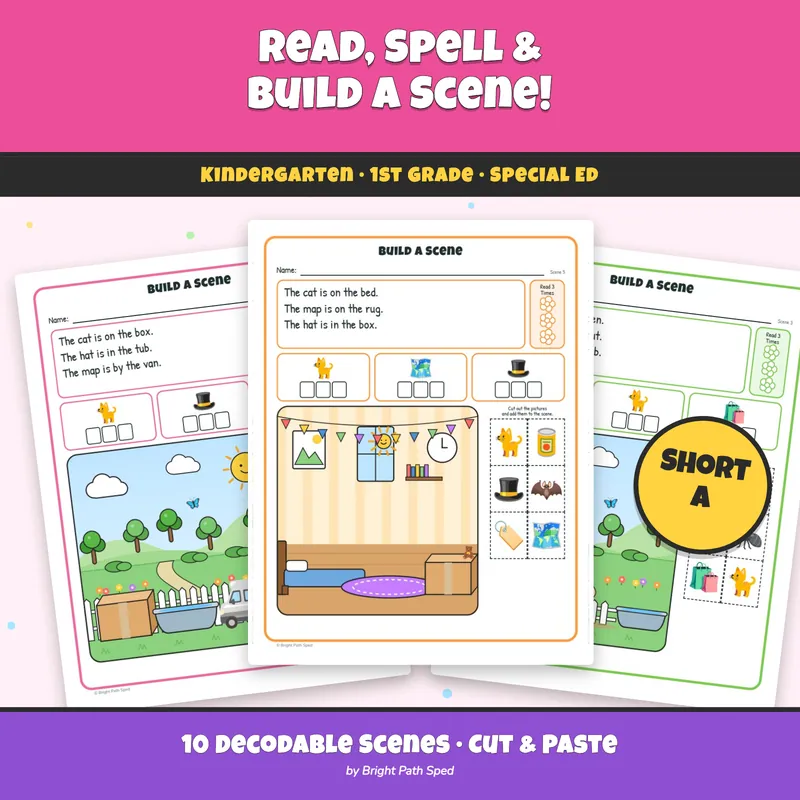 Read and Build a Scene Short A CVC Sentences Cut and Paste Kindergarten 1st, image 1 of 4