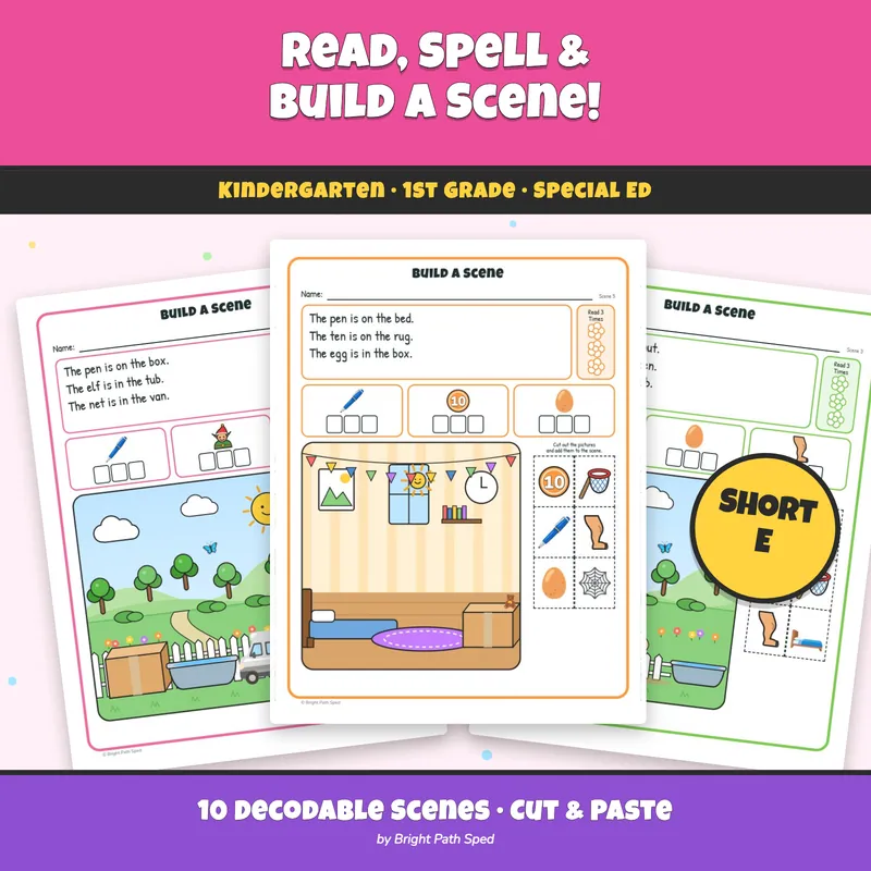 Read and Build a Scene Short E CVC Sentences Cut and Paste Kindergarten 1st, image 1 of 4