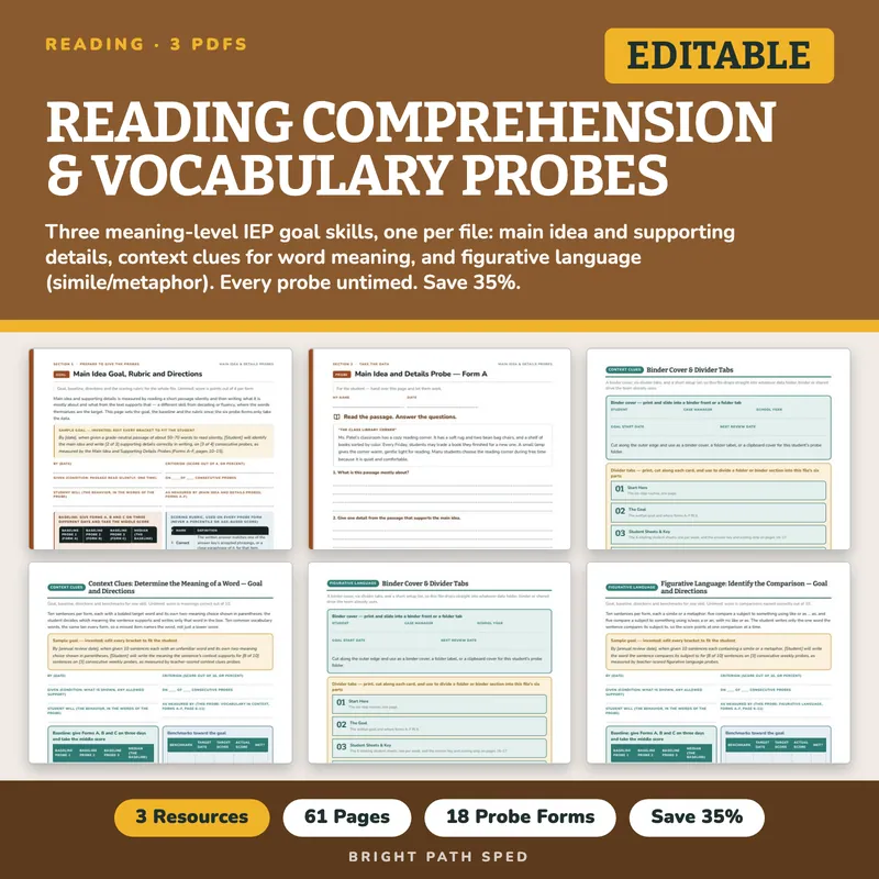 Reading Comprehension and Vocabulary Progress Monitoring Probes Bundle, image 1 of 3
