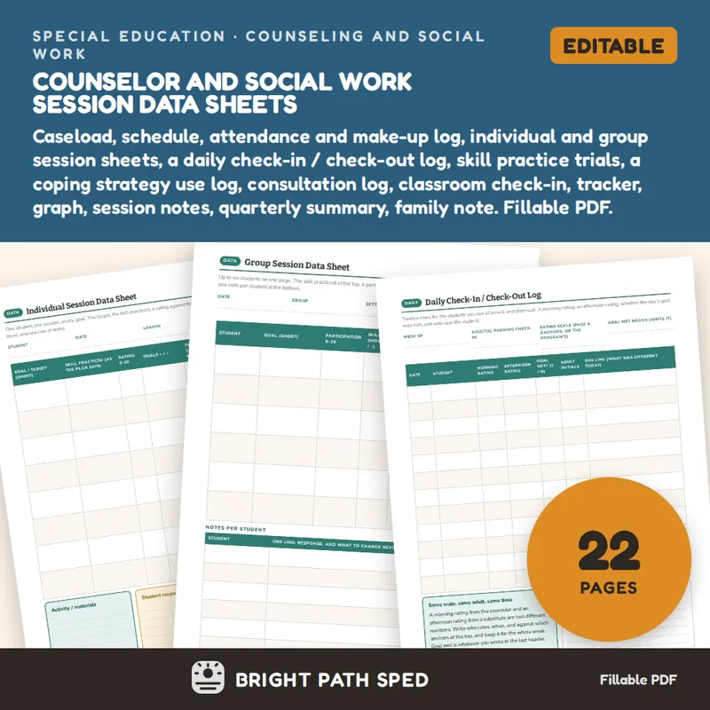 School Counselor Social Work Data Sheets Editable, image 1 of 4