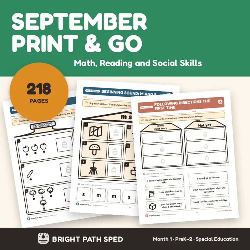 September Print and Go Month 1 SPED Lesson Plans Math Reading Social Skills, image 1 of 4