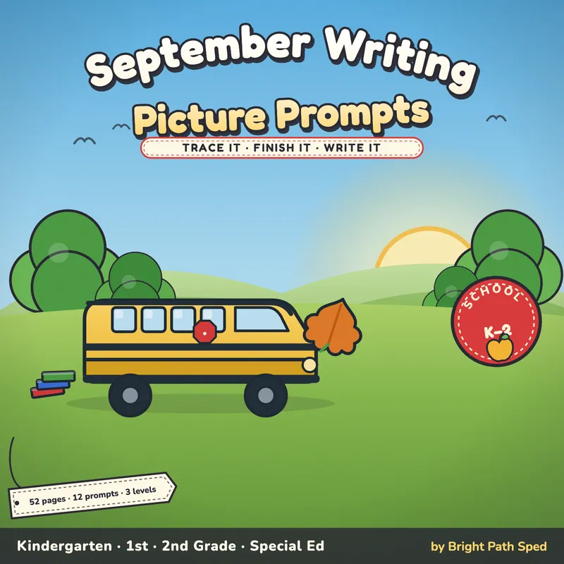September Writing Picture Prompts with Word Bank and Sentence Starters, K-2, image 1 of 4