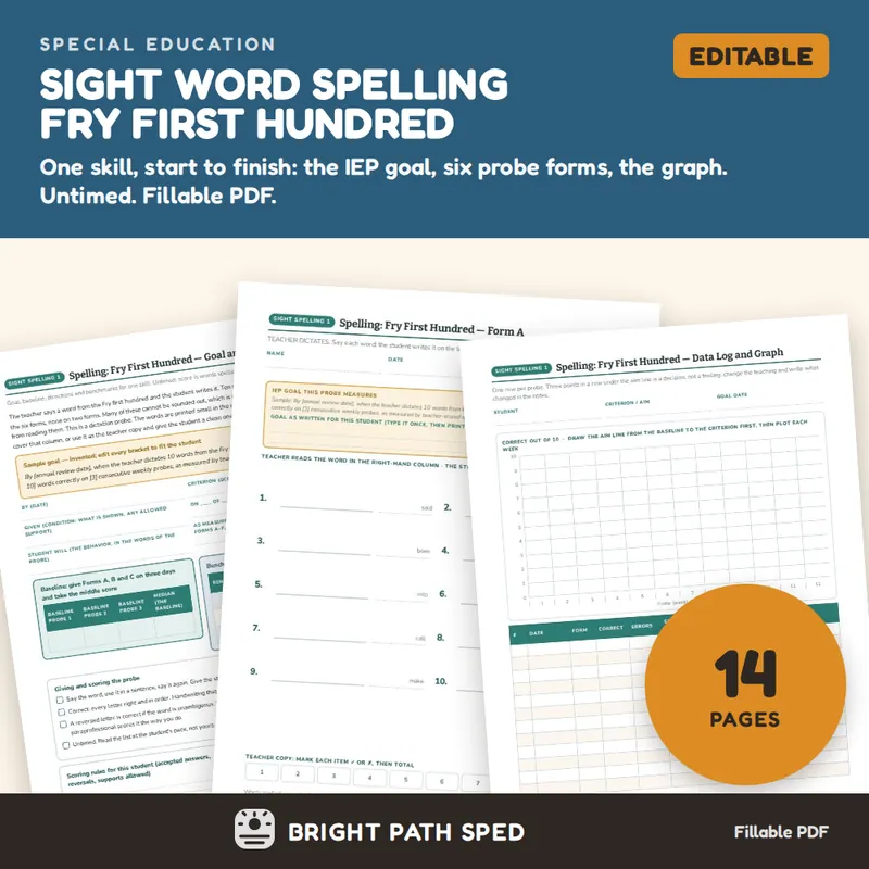 Sight Word Spelling Fry First Hundred Dictation Progress Monitoring Probes, image 1 of 4