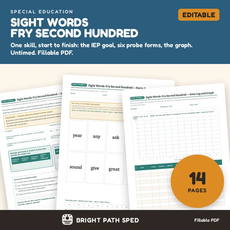 Sight Words Fry Second Hundred Progress Monitoring Probes, image 1 of 4