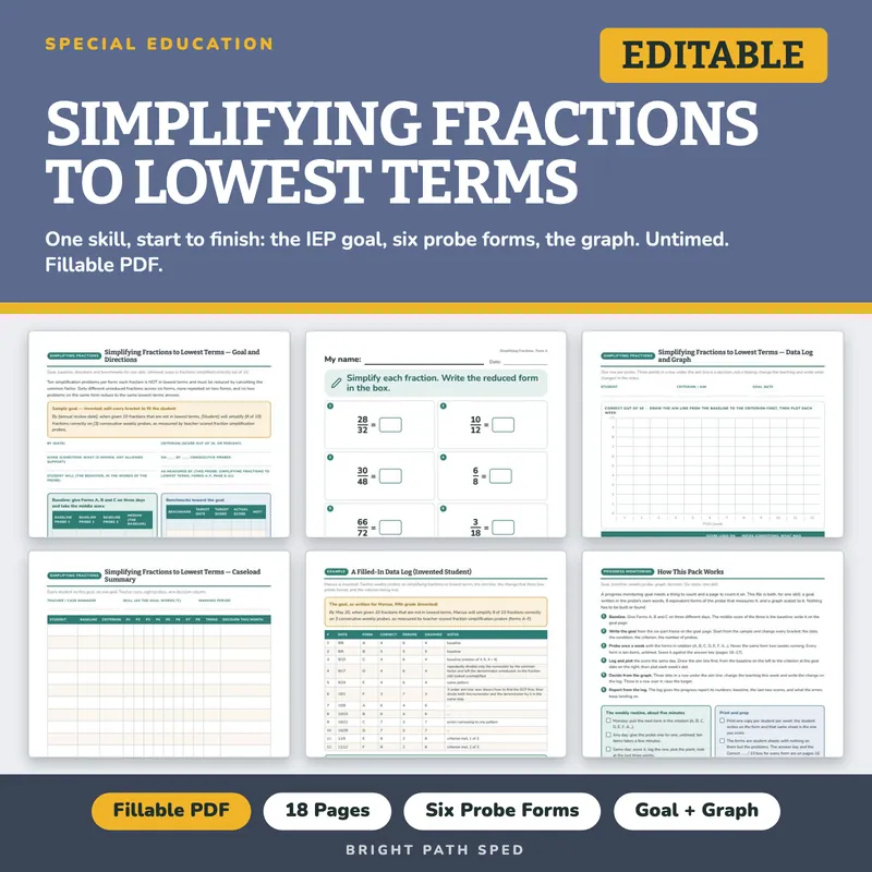 Simplifying Fractions to Lowest Terms Progress Monitoring Probes, image 1 of 4