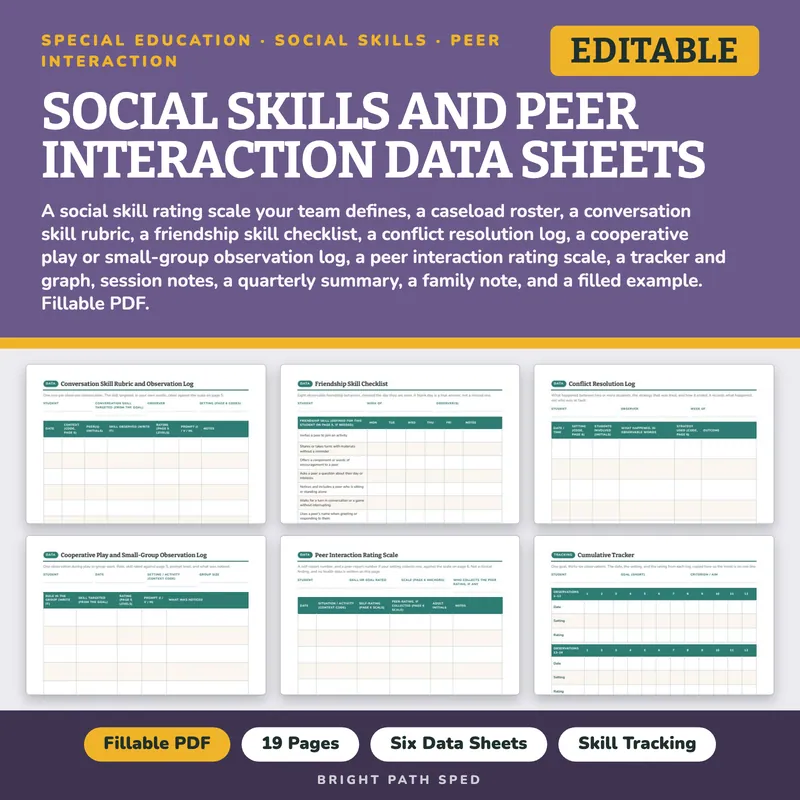 Social Skills Progress Monitoring Peer Interaction Data Sheets Editable, image 1 of 4