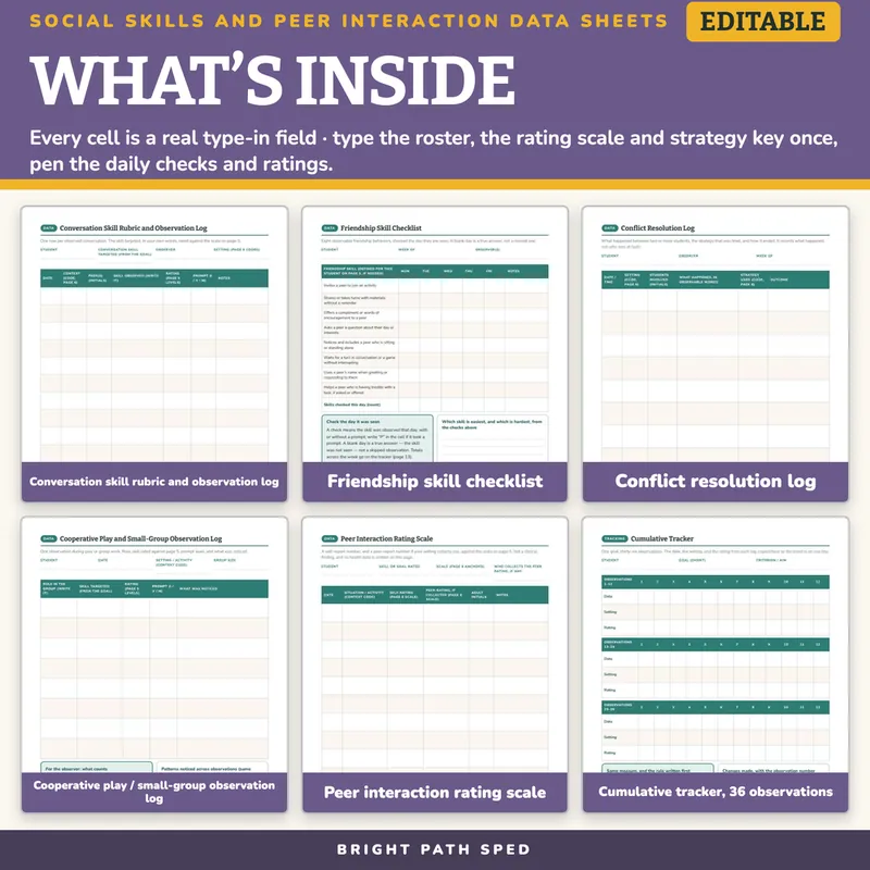 Social Skills Progress Monitoring Peer Interaction Data Sheets Editable, image 2 of 4