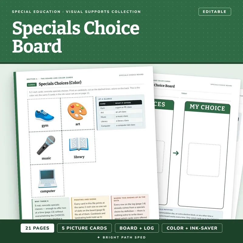 Specials Choice Board for Special Education, image 1 of 4