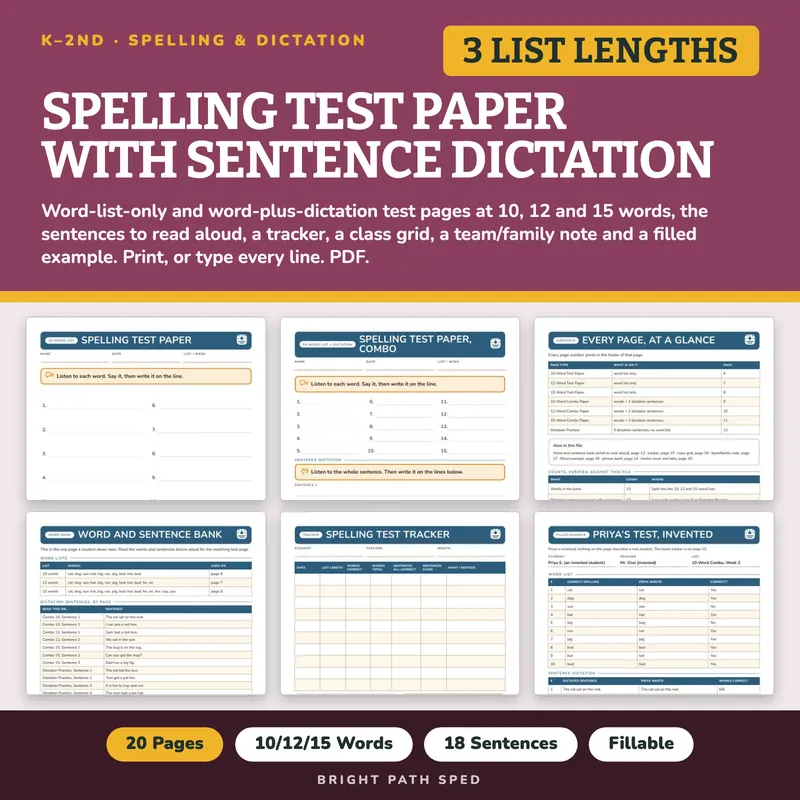 Spelling Test Paper with Sentence Dictation, image 1 of 4