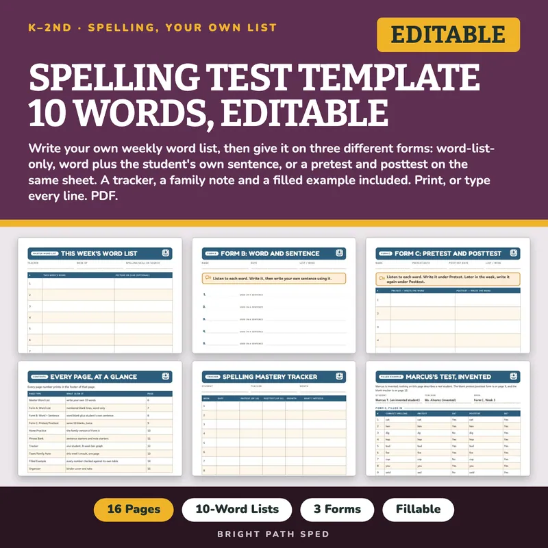 Spelling Test Template 10 Words Editable, image 1 of 4