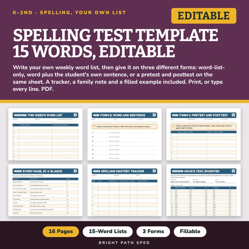 Spelling Test Template 15 Words Editable, image 1 of 4